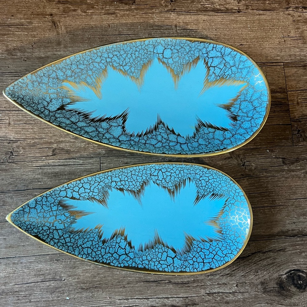 Two gorgeous mid-century porcelain trays with gold pattern design.